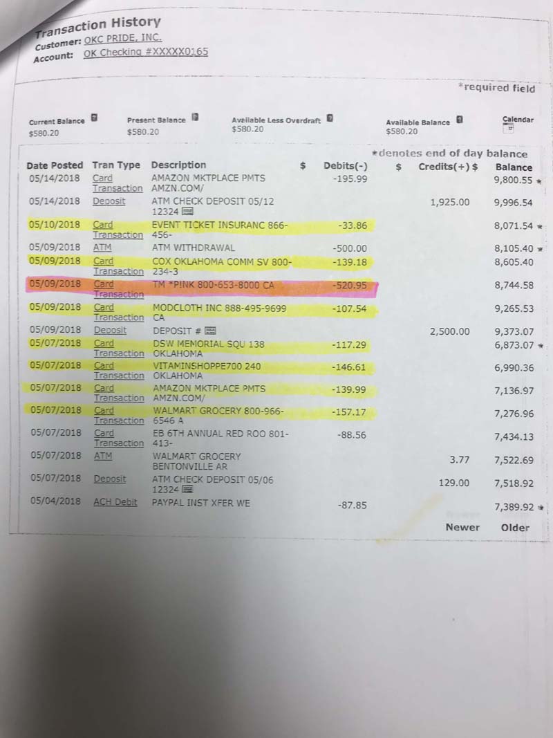 Tickets to see Pink and more on OKC pride bank statements. Photo copyright, The Gayly. May not use without permission.