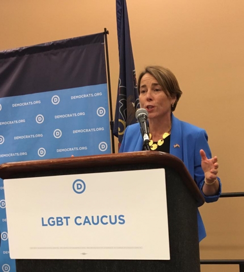 First openly gay Attorney General in the United States, Maura Healey, introduces openly gay former U.S. Congressman Barney Frank. Healy and Frank are both from Massachusetts. Photo by Robin Dorner.