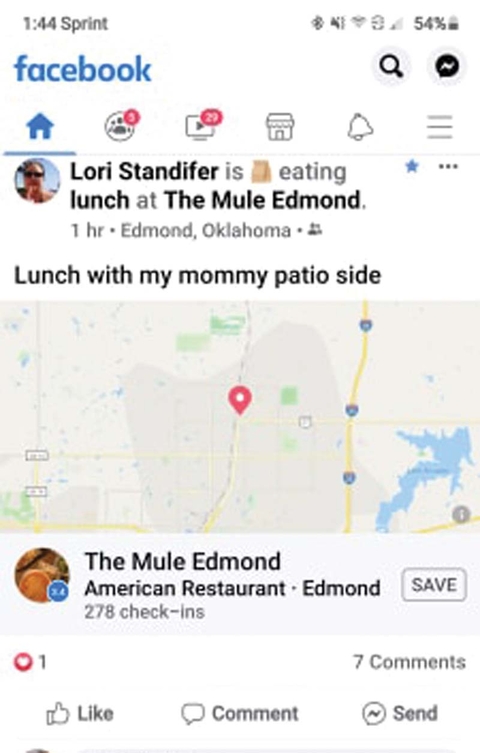 Honecutt “checked in” at the Mule in Edmond days after she claimed she had been exposed to COVID-19. Screencapture, May 19.