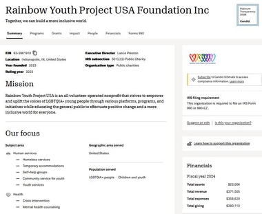The Rainbow Youth Project USA has a nonprofit status listed on Candid, the world’s largest online database of U.S. nonprofit organizations. Screenshot image.  